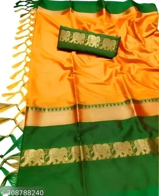Golden green traditional cotton silk saree with intricate patterns and embroidered pallu, breathable and lightweight for festive wear