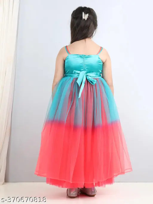 Coral double-shaded net party dress for kids, sleeveless and colorblocked, suitable for ages 1-10 years old