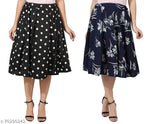 Black polka & white floral print mid calf length women's IBPanel polyester skirt combo, featuring a crepe fabric and flared style. Size options available: 26 (waist 26in, hip 36in), 28 (waist 28in, hip 38in), 30 (waist 30in, hip 40in), 32 (waist 32in, hip 42in), 34 (waist 34in, hip 44in). Origin: India