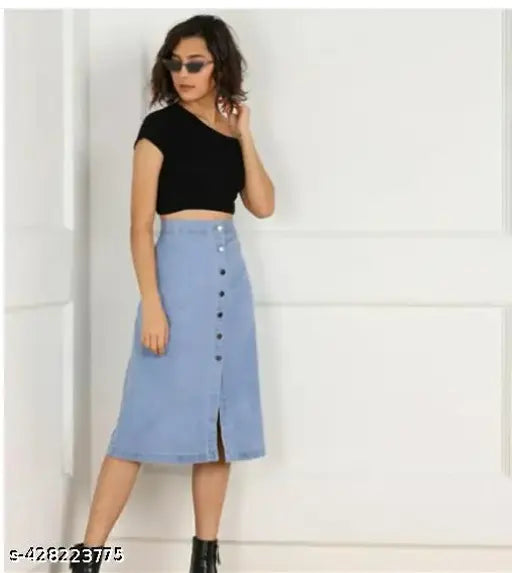 Denim skirt for women, solid pattern, classy and fashionable, size 28 (waist 28in, length 30in, hip 36in), made in India