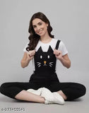 Black cotton blend Fannox Enterprises women's dungaree with printed patterns, short sleeves, India origin