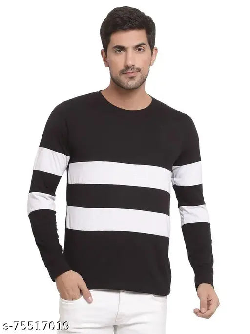 Blue and red color-blocked men's cotton blend t-shirt, long sleeves, trendy travel outfit