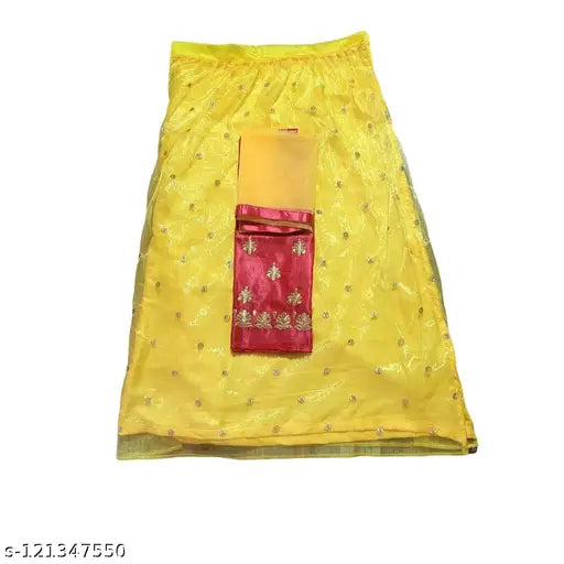 Embroidered satin lehenga-choli with net dupatta, Indian semi-stitched style (Lehenga: 42waist, 44length; Dupatta: 2m), lace stitch detailing