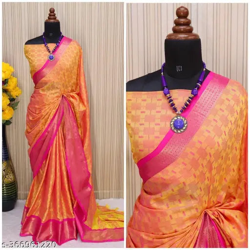 Orange Banarasi Silk Saree with Art Silk Unstitched Blouse, intricate woven design