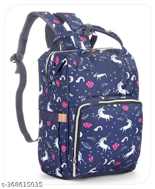 Unicorn blue maternity diaper bag, waterproof fabric net with 13 pockets for travel, measures 39.5cm x 26cm x 20cm, 750gms. Features anti-theft pocket, insulated milk bottle holders, and cushioned adjustable straps. Inspired by latest trends in style and prints