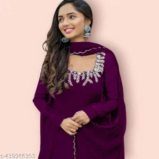 Long-sleeved Georgette Anarkali gown in solid pattern, vibrant floral embroidery, N=1, India origin