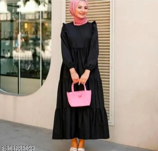 Elegant rayon gown, fashionable three-quarter sleeve dress, modern Indian women's attire with solid net pattern, size L (40in bust/46in length/42in hip), trendy partywear option