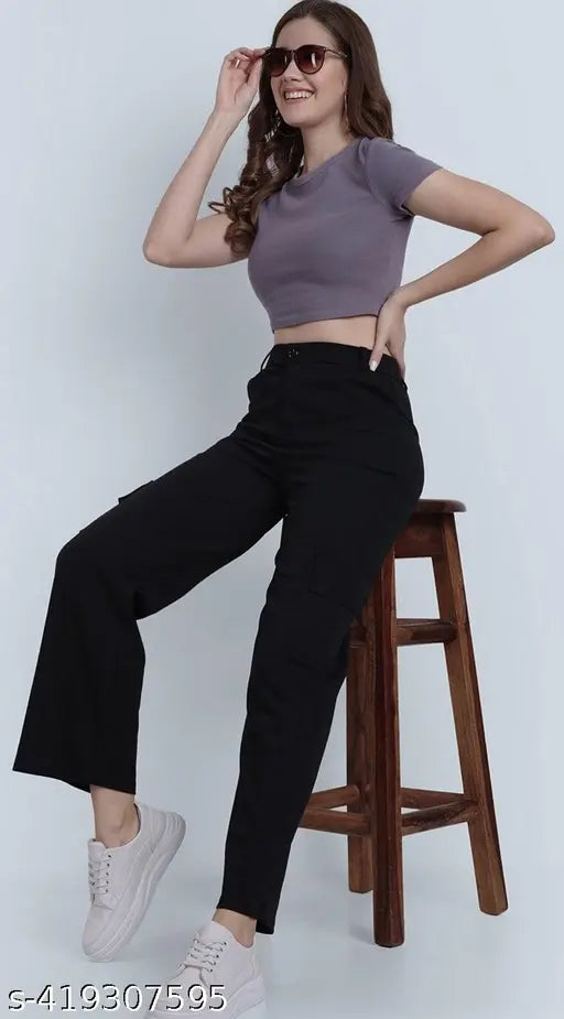 Women's solid Lycra straight-fit cargo trousers, size 26 (waist 26", length 36", hip 38")