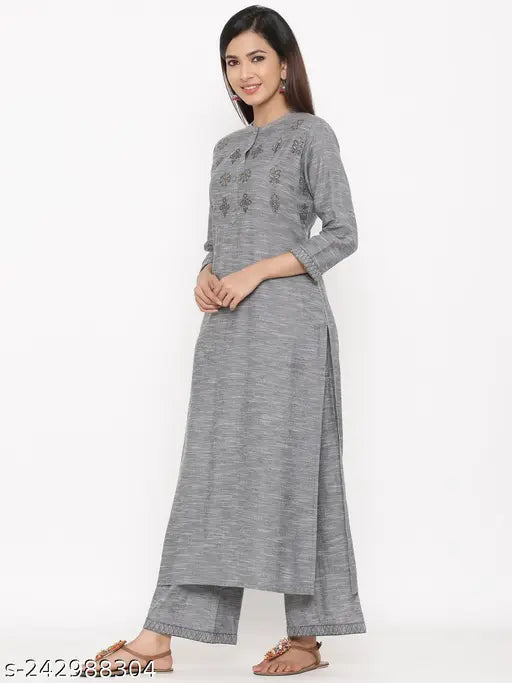 Dark Grey Embroidered Cotton Kurta Palazzo Set - Indian ethnic wear for women
