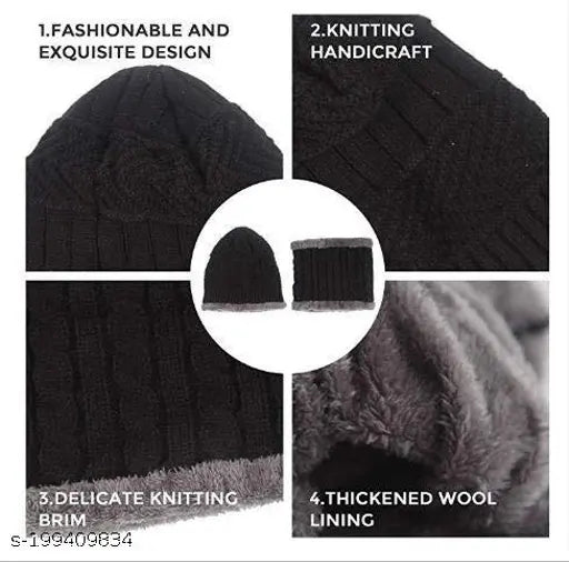Grey wool beanie & muffler combo, warm fur lining, perfect for cold weather