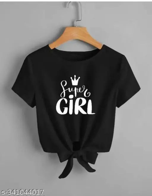 Black Lycra crop top with Super Girls printed design, women's short-sleeved fashion top