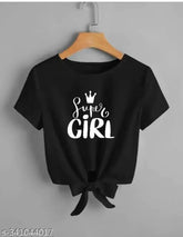 Black Lycra crop top with Super Girls printed design, women's short-sleeved fashion top