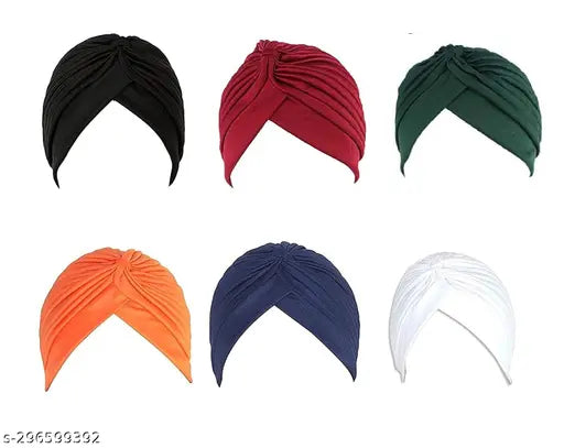 High-quality, stretchable polyester pleated head wrap bonnet turban (pack of 6), soft, smooth, comfortable, versatile for all seasons, protective against sun & bad weather, handcrafted in India