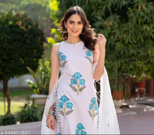 Cotton blend printed sleeveless kurti set with dupatta and bottomwear, featuring a sharara plazzo and embroidered dupatta for women. Indian-origin fashion ensemble pack of 3 sizes available (XXS - XXL)