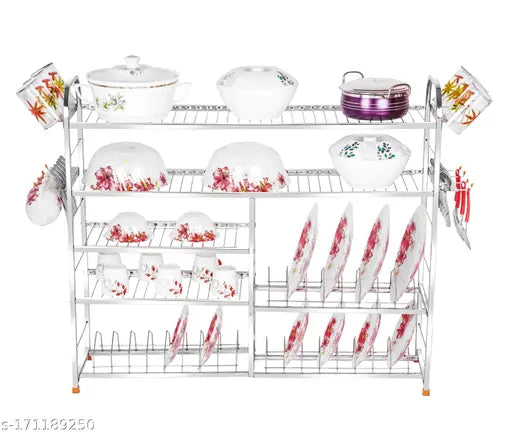 Stainless steel kitchen utensils rack, 5 shelves, 30L x 36H inches, lower 3 plate, Akaya Creations modular storage for dishes and cutlery