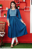 Rayon blue Anarkali suit with acrylic pants, three-quarter sleeves, solid design, fits S-XXXL, traditional Indian fashion on mannequin