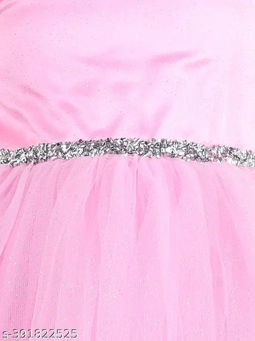Pink net party dress for kids, fit and flared with toy balloon print, sleeveless, 5-6 years size
