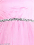 Pink net party dress for kids, fit and flared with toy balloon print, sleeveless, 5-6 years size