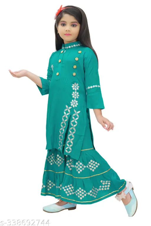 LINKKART FASHION Rayon A-line Kurta and sharara set, embellished 3/4 sleeve with dupatta for girls