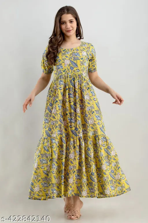 White cotton Jaipuri print Anarkali kurti, versatile maxi dress for women, India origin