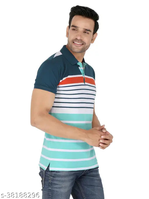 Striped cotton blend half sleeve polo shirt by Gentino, short sleeves with printed net pattern