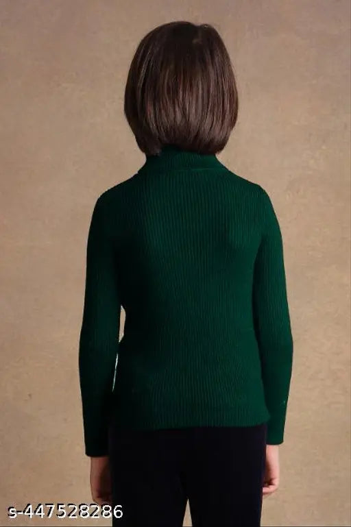 Woolen dark green kids' striped turtle neck sweater. Comfortable and stylish for girls and boys, keeping them warm all day long