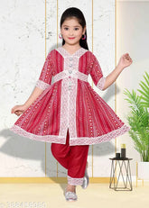 Cotton blend anarkali dress set with harem pants and embellished sleeves for kids, 2-3 to 9-10 years, Indian origin