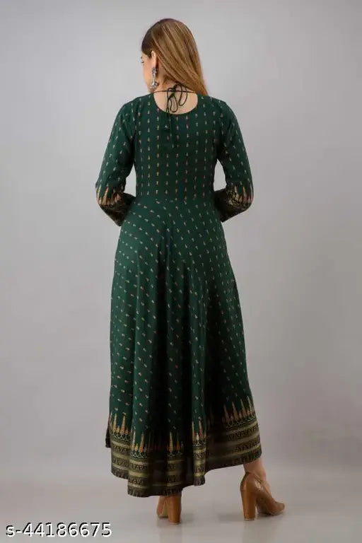Green printed rayon anarkali kurti for women, soft and comfortable, ideal for festivals or casual wear - India