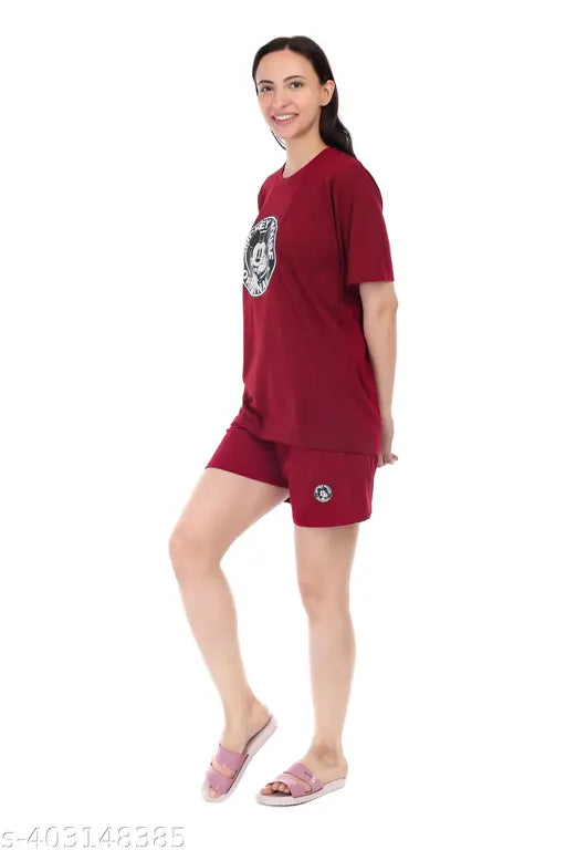 Cotton printed T-shirt & shorts nightwear set, vibrant prints, convenient pockets, premium cotton fabric
