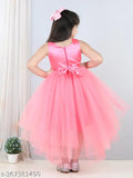 Pink net party dress, embellished hi-low style for kid girls, trendy knee-length design