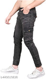 Men's blue denim jogger jeans, 6 pockets, solid black fabric, size 28, 30, or 32