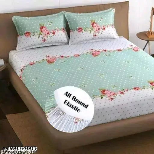 White floral king size elastic cotton fitted double bedsheet with 2 pillow covers, ideal for summer sleep
