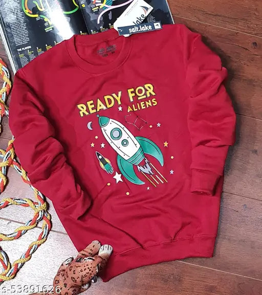 Maroon polycotton boys' sweatshirts & hoodies, printed design for winter wear, sizes range from 4-5 years to 12-13 years