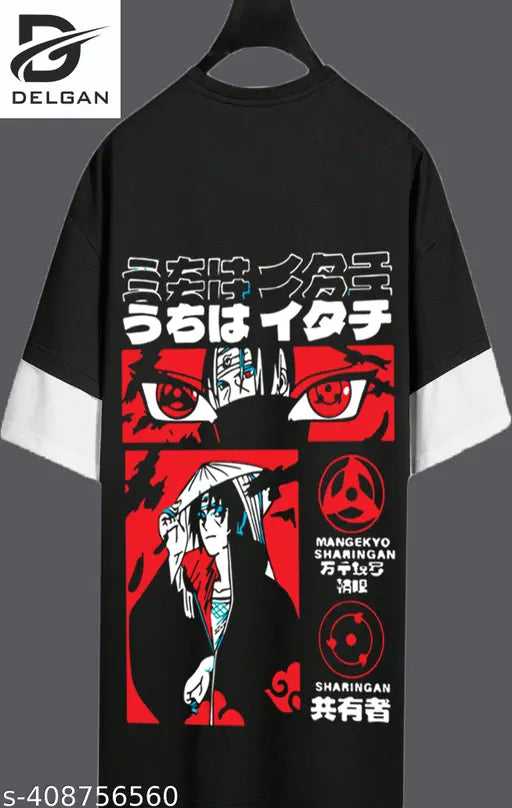 Black cotton blend oversized men's graphic print T-shirt, trendy chinese design on back, three-quarter sleeves