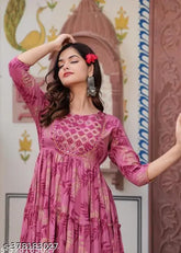 Rayon sequence embroidered Anarkali kurti with three-quarter sleeves, traditional Indian outfit on model