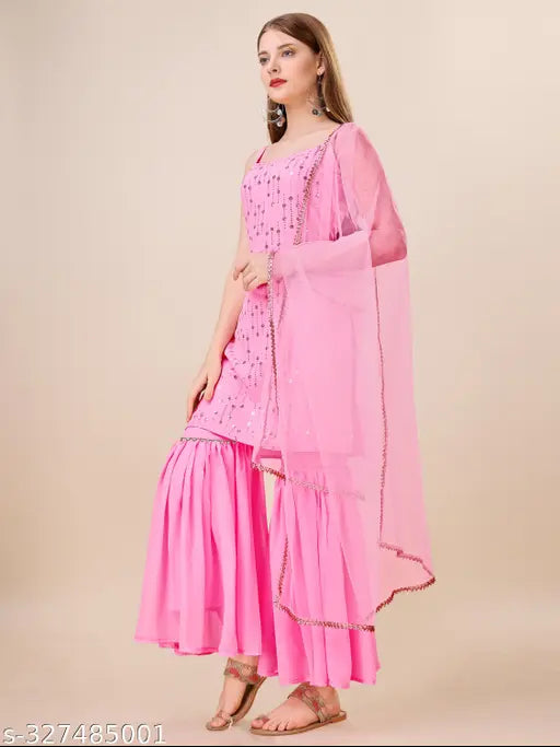 Georgette embroidered pink Sharara suit, sleeveless with dupatta - single set in vibrant sequins, Indian fashion