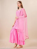Georgette embroidered pink Sharara suit, sleeveless with dupatta - single set in vibrant sequins, Indian fashion