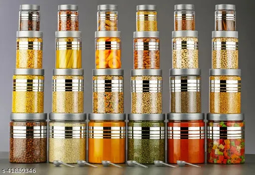 Spandan printed silver line unbreakable 24pc kitchen plastic storage combo set with spoons - airtight, see-through, and space-saving dry fruit jars (Pack of 24)
