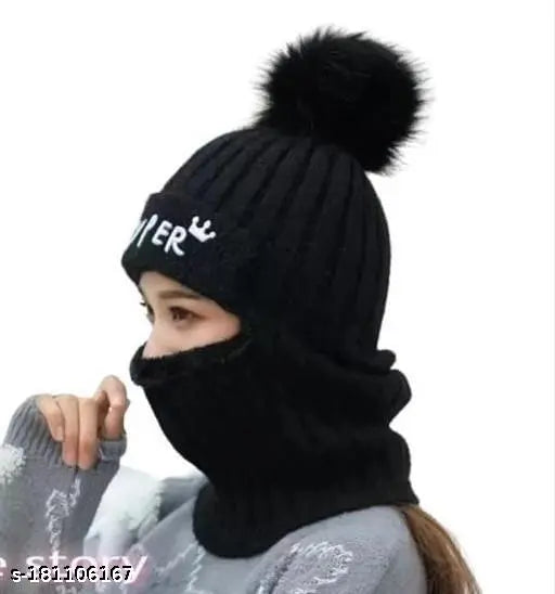 Black faux fur pompom cap with face mask - woolen women's & girls winter wear, India origin