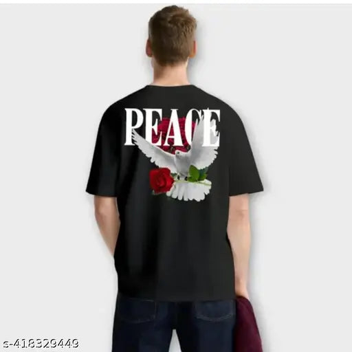 Black cotton blend oversize regular fit men's t-shirt, printed with casual fashionable design. Men's M (38in chest), L (40in chest), XL (42in chest) sizes available, made in India
