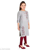 Girls grey cotton blend embroidered kurti for 4-16 years, Indian fashion wear on hanger