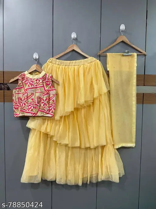 Fancy designer net lehenga choli with embroidered top and ruffled skirt, solid dupatta, semi-stitched (waist: 38", length: 42"), ready to ship from India