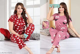 Stylish satin sleepwear nightsuit for women, printed net pattern, short sleeves, India origin