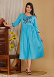 Light daisy embroidered rayon Anarkali kurti with three-quarter sleeves, available in various sizes from S to 4XL, exuding Indian cultural elegance