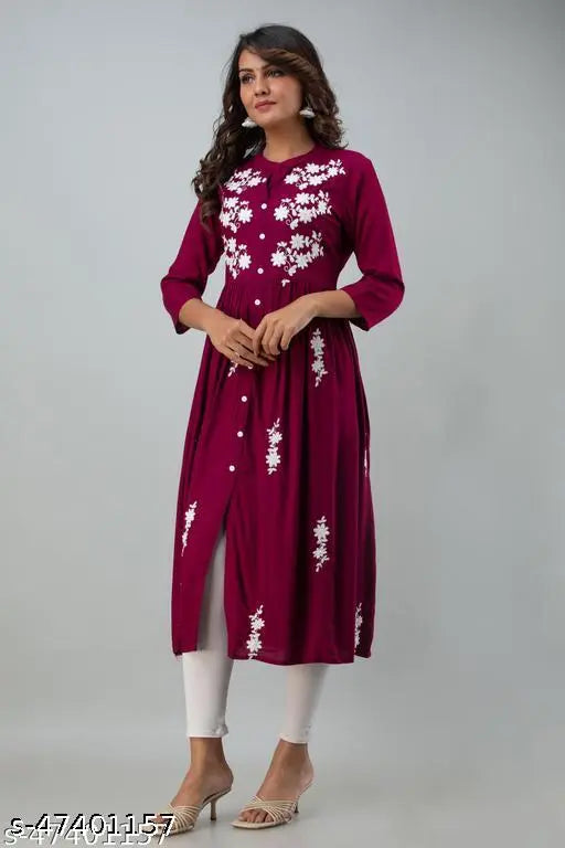 Rayon embroidered flared kurta, Indian women's fashion with three-quarter sleeves, suitable for parties and festivities