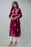 Rayon embroidered flared kurta, Indian women's fashion with three-quarter sleeves, suitable for parties and festivities
