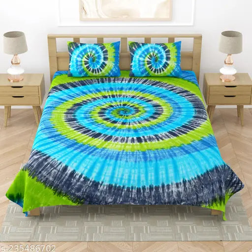 Handmade tie and dye, 100% cotton king size bedsheet with 2 stitched pillow covers - elegant and breathable for summer, perfect for adults