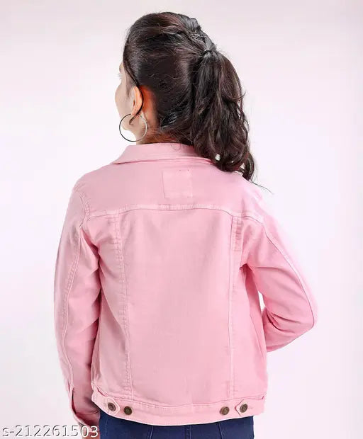 Pink girls' denim jacket with solid full sleeves, cotton fabric, belted design - perfect for kids aged 5-6 years