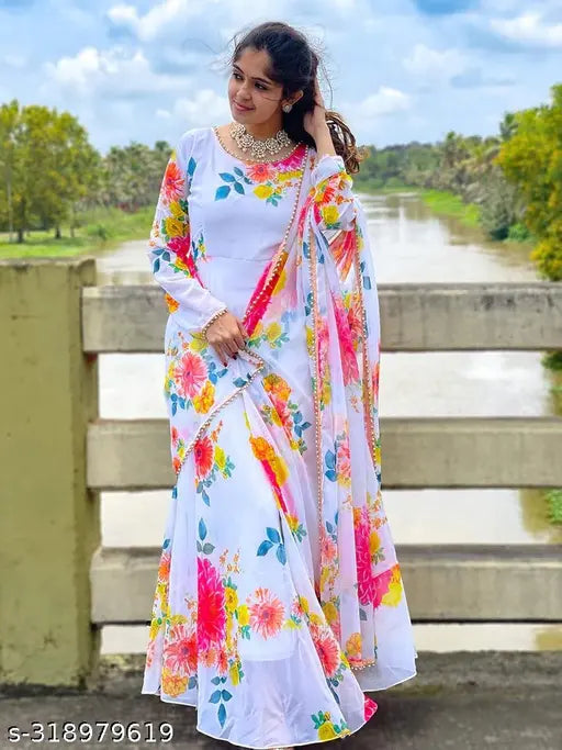 Printed Georgette gown with long sleeves, vibrant Indian design, size S (36in bust, 52in length)