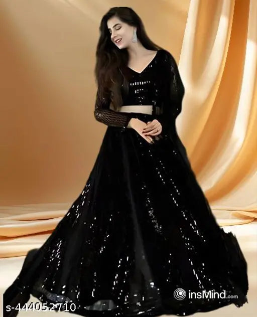 Black semi-stitched lehenga choli dupatta set - embellished, net fabric, classic party wear for women and girls